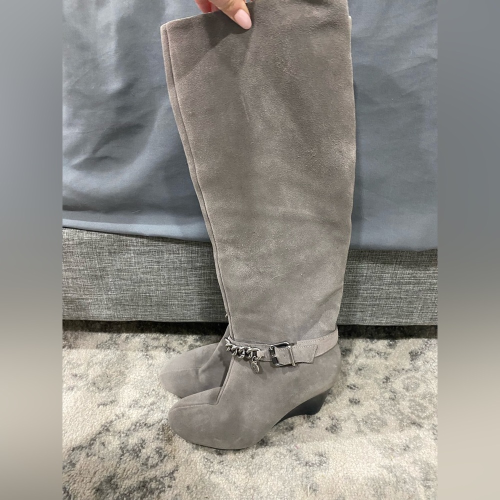 BCBG gray leather boots with silver buckle